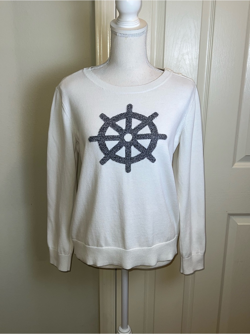 NAUTICA Ship’s Wheel Nautical Themed Lightweight Intarsia Sweater